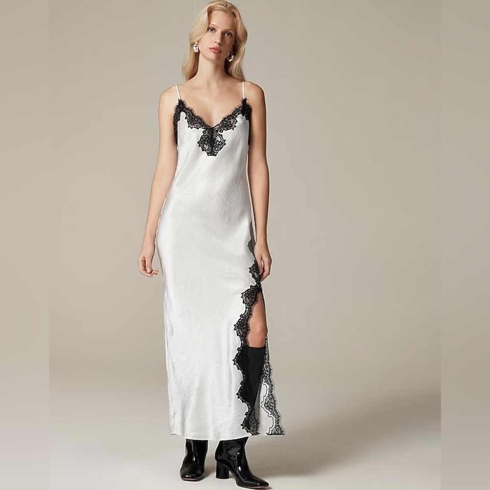J. Crew White Satin Maxi Slip Dress with Black Lace Trim